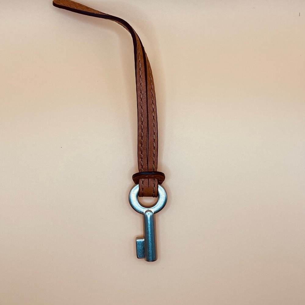 Fossil Silver Key with Brown Leather Strap Charm